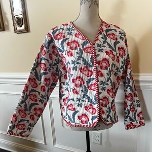 Quilted Cotton Floral & Vines, V-Neck Reversible Jacket with Striped Pipping.